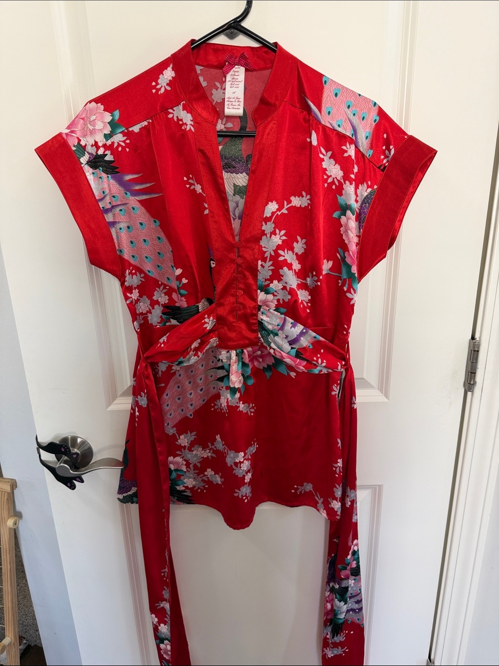 Red Floral Satin Kimono Top - Unbranded